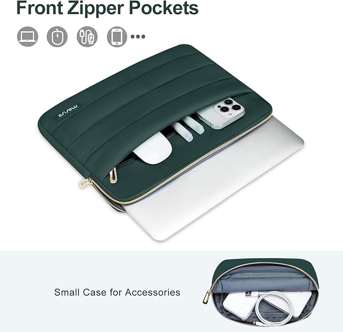 MOSISO Laptop Case 13.3 inch,13-13.3 inch Puffy Laptop Sleeve Compatible with MacBook Air 13.6 M5 M4 M3 M2 M1/Neo/Pro 13/14,HP Dell ASUS Lenovo,Polyester Horizontal Bag with Small Case,Peacock Green