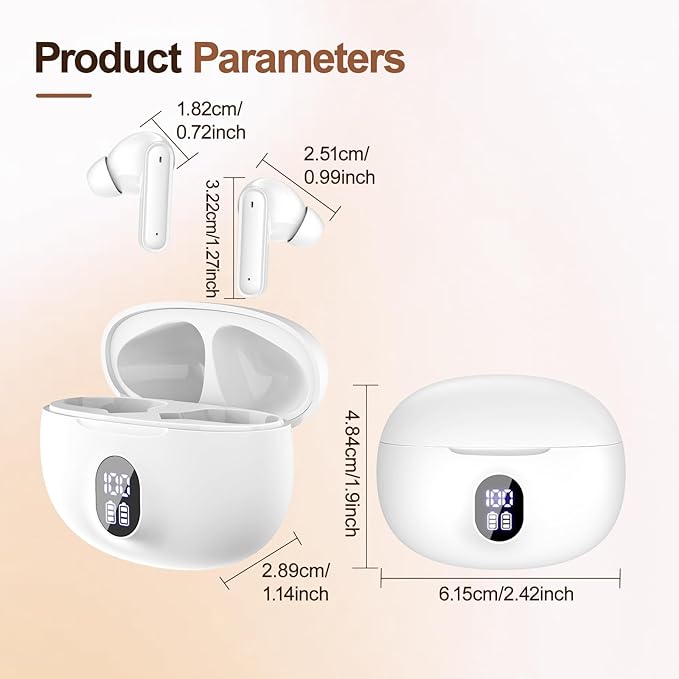 Wireless Earbuds, Bluetooth 5.4 Headphones Bass Stereo, Ear Buds with Battery LED Display in Ear Earphones Clear Calls, Bluetooth Earbuds for Laptop/Phones/Sports (White)