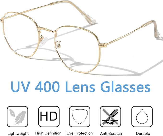 Hexagonal Metal Blue Light Blocking Glasses Anti Eye Strain for Digital Screens Lightweight Frame for Men Women