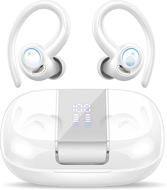 Wireless Earbuds Bluetooth 5.3 Headphones Sports, 48H Over Ear Buds with ENC Mic, Stereo Deep Bass Bluetooth Earbuds with Secure Earhooks, LED Display, IPX7 Waterproof Earphone for Running/Gym White