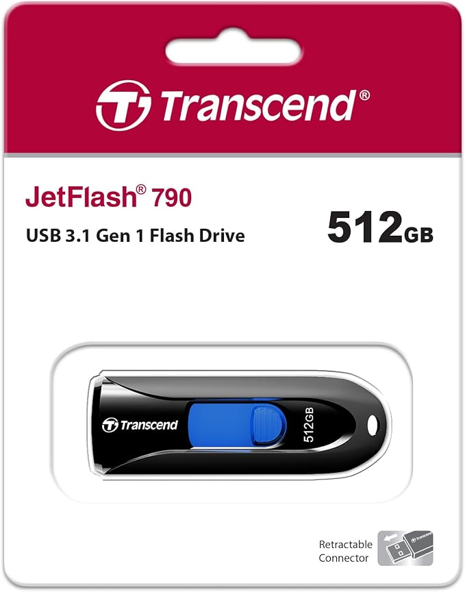 Transcend JF790 512GB USB Flash Drive, for PC/Mac/Laptop/Windows/Computer/Desktop/TV/Car Audio, USB3.2 Gen1 Memory Stick, Thumb Drives Data Storage w/Retractable Connector, USB2.0/3.0/3.1 Compatible - Image 2