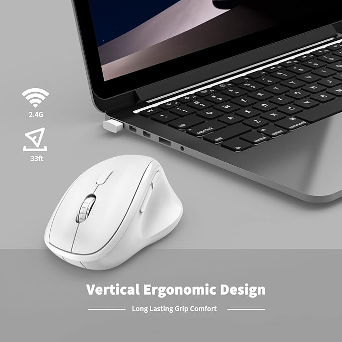 Ergonomic Wireless Mouse 2025 New Updated Smaller with USB-A Receiver for PC Computer, Laptop and Desktop, Ergo Mouse Vertical with Silent Clicks Long Battery Life, Up to 1600 DPI, White