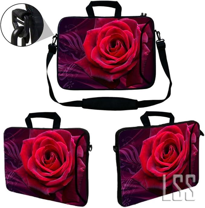 LSS 15.6 inch Laptop Sleeve Bag Compatible with Acer, Asus, Dell, HP, Sony, MacBook and more | Carrying Case Pouch w/ Handle & Adjustable Shoulder Strap, Pink Rose Floral Flower