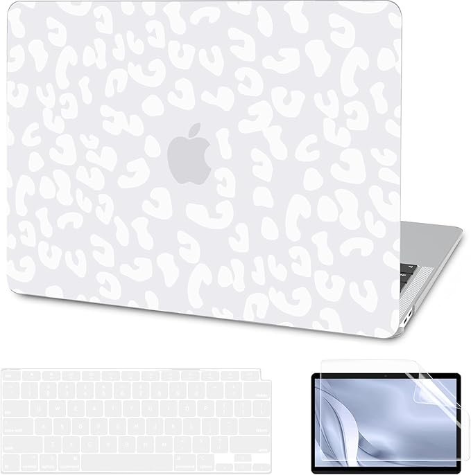 AKIT Compatible with MacBook Air 13 Inch Case M1 2022 2021 2020 2019 2018 A2337 A2179 A1932, Pattern Hard Shell Laptop Case+Screen Protector+Keyboard Cover for Mac Book Air 13.3 Inch, White Leopard