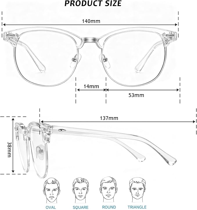 Blue Light Glasses Men and Woman, 99% Blue Light Blocking Glasses for Computer Gaming TV Phone Screen Half Frame
