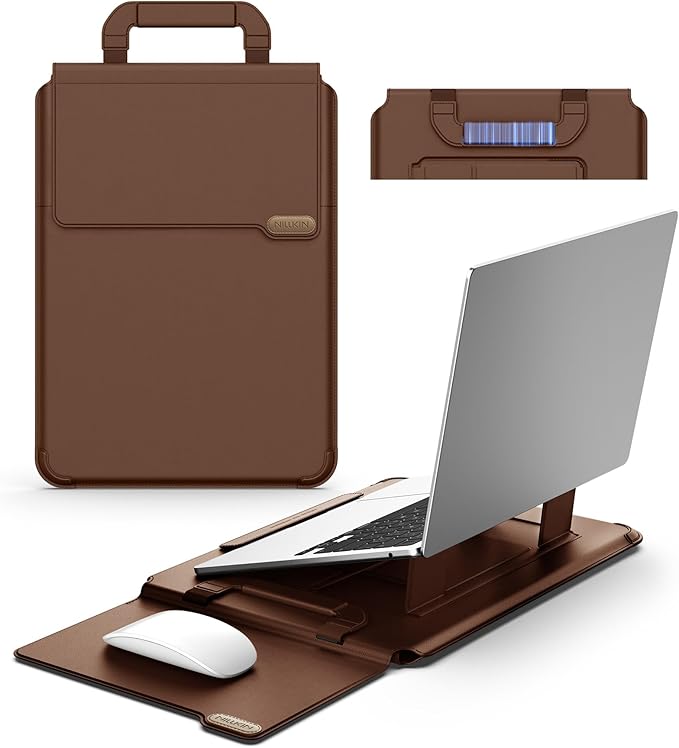 Nillkin 16 inch Laptop Sleeve with Handle (4-in-1), 2 Stand Modes, MacBook Sleeve with Adjustable Stand & Mouse Pad, Slim Laptop Case 16 inch for Samsung/Surface/HP/Chromebook/Dell 13-16'', Brown