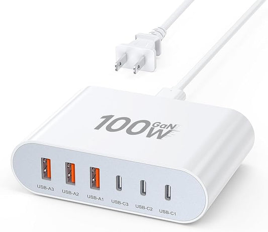 100W USB C Fast Charger Block Compact GaN 6 Port PD USB C and QC USB A Wall Charger Type C Charging Station Hub Adapter Plug Cube Brick for iPhone 17 16 15 14 Pro Max iPad Pro Air Samsung Pixel LG