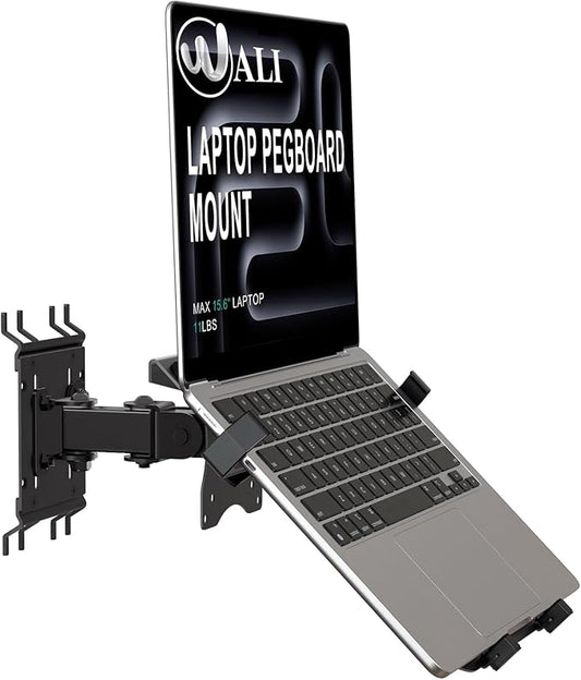 WALI Laptop Desk Mount for 15.6 inch Notebook, Adjustable Single Pegboard Mount with Laptop Holder, Laptops Stand with Ventilated Tray, Up to 11 Lbs, (PM00LP), Black