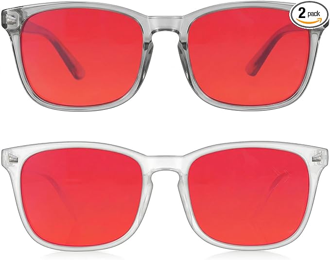 2 Packs Professional Sleep Glasses with 99.9% Blue Light Blocking Dual AR Coatings Red Lens, Computer Gaming Glasses for Men Women, Anti Fatigue & Eye Strain