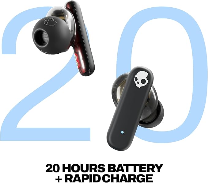 Skullcandy Smokin’ Buds Wireless Earbuds, Bluetooth Headphones, Noise Isolating Fit, Up to 20 Hours Battery, IPX4 Sweat and Water Resistant, Microphone for iPhone Android - Midnight Smoke