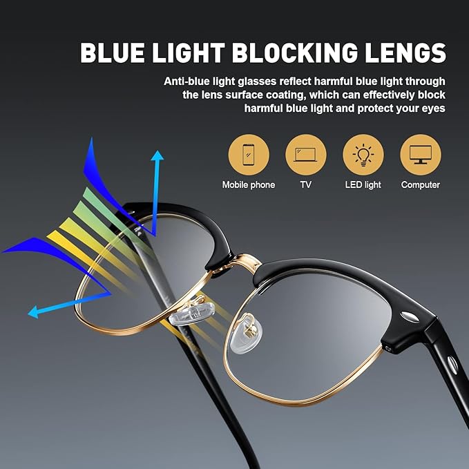 Blue Light Blocking Glasses Vintage Half Frame UV Clear Lens Anti Eyestrain Computer Gaming Glasses for Women Men (E-black Gold +crystal Silver)