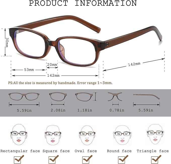 HJSTES Retro Clear Rectangle Glasses for Women Men Fake Blue Light Blocking Lens Narrow Frame Non Prescription Eyeglasses