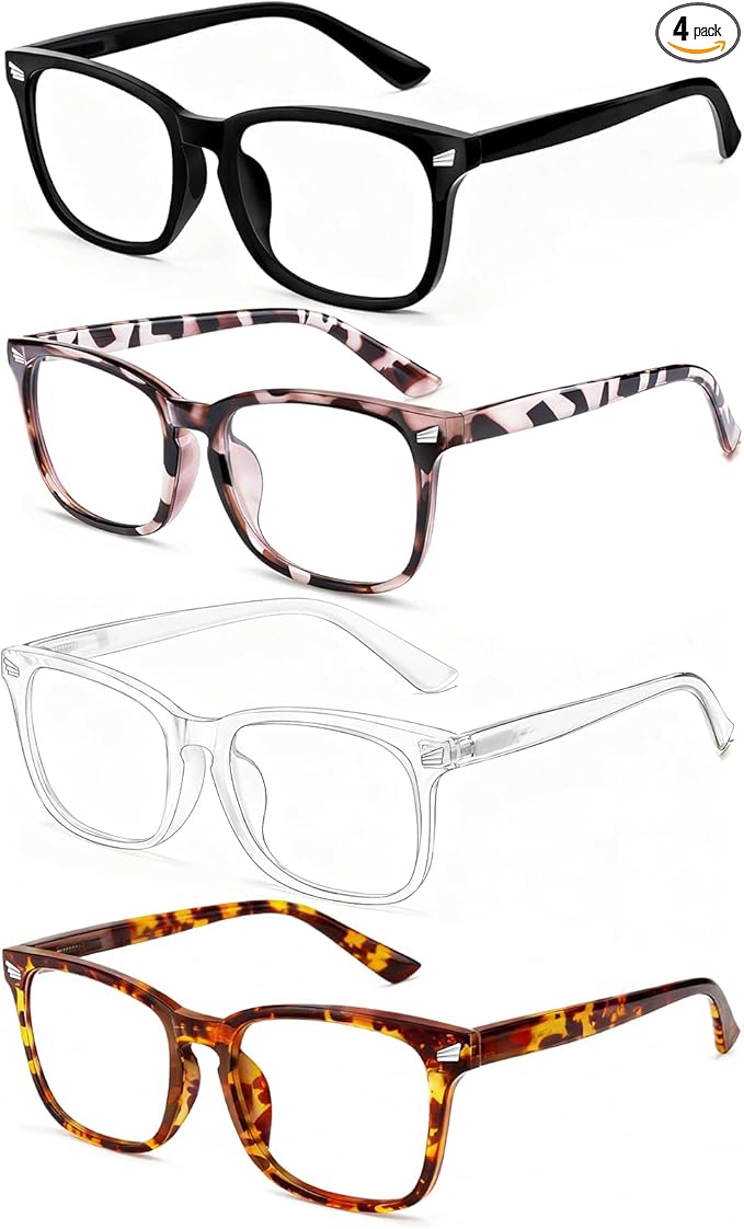 Blue Light Glasses for Woman Men | 99% Blue Light Blocking Glasses | Computer Glassess | Gaming | TV Phone Screen Reader Square Frame | Anti Eyestrain & UV Glare,4 Pack