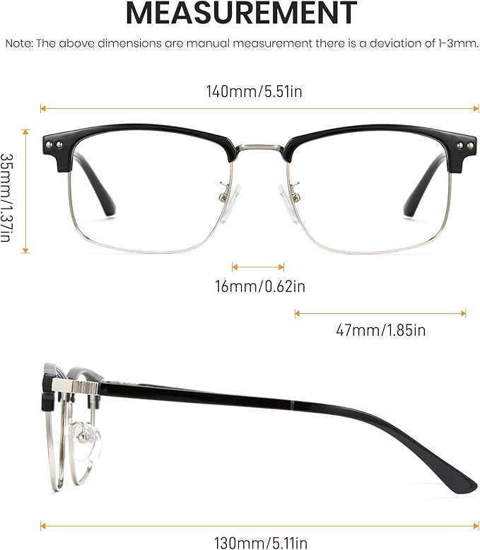 Cyxus Retro Blue Light Glasses Men - Square TR90 Metal Blowline Frame Stylish Trendy for Computer Daily Work 8252