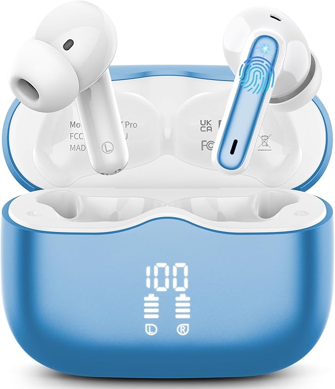 Wireless Earbuds, 2026 Bluetooth 5.4 Ear Buds in Ear with 4 ENC Noise Cancelling Mic, New Wireless Earphones HiFi Stereo Deep Bass 40H Playtime, In-Ear Bluetooth Earbuds LED Display IP7, Lake Blue