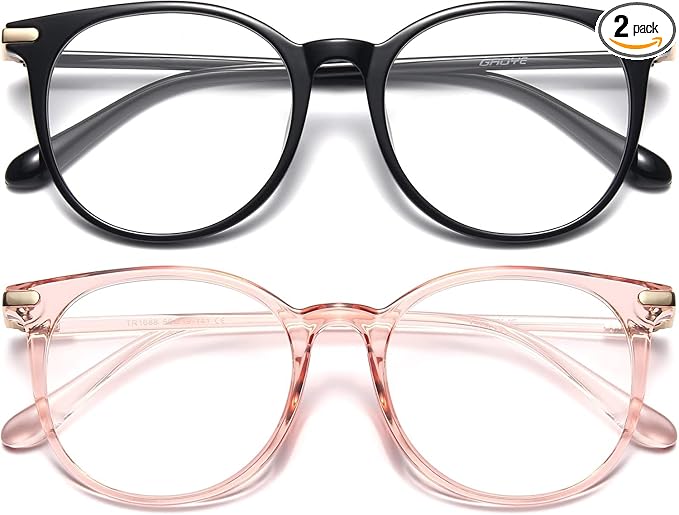Gaoye 2 Pack Blue Light Blocking Glasses, Retro Round Eyewear Frame Anti Eyestrain Computer Glasses for Women Men - GY1688 (Black+Pink)
