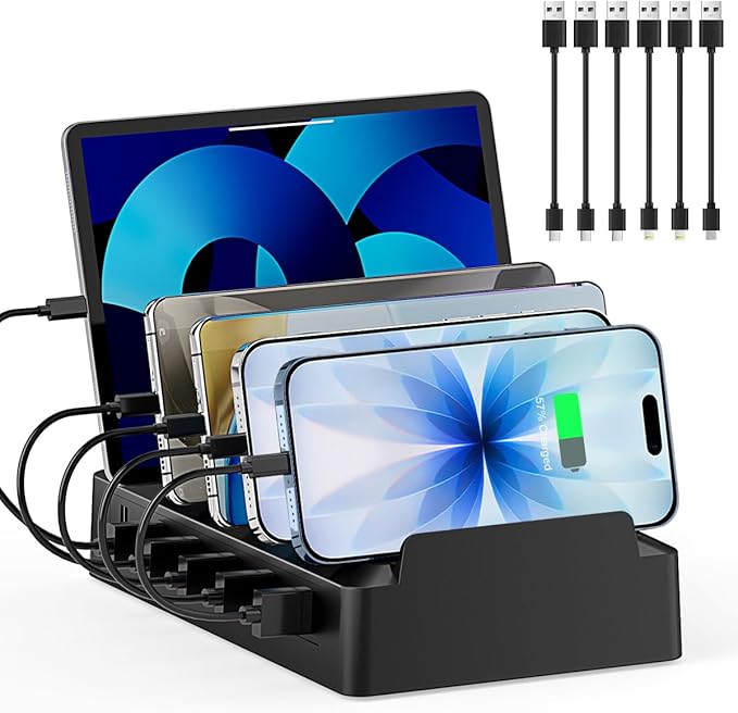 Charging Station for Multiple Devices, 6 Port USB Charger with Holder Stand and Cables for iPad, Apple, Android, Tablet, Office Desk Charging Dock Storage Organizer (Black)