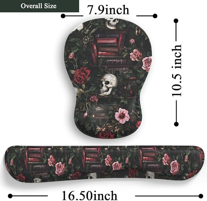 Gothic Skull Rose Ergonomic Mouse Pad with Wrist Rest & Keyboard Wrist Support Set - Non-Slip Gaming Office Desk Mat, Comfortable Memory Foam Cushion for Computer/Laptop Users, Home Office Workers