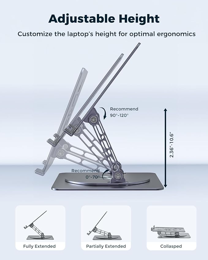 Aoviho 360° Rotating Laptop Stand for Desk | Adjustable, Foldable, Portable Aluminum Ergonomic Riser | Compatible with MacBook, Dell, HP & All Laptops 10-16 inch | Gray