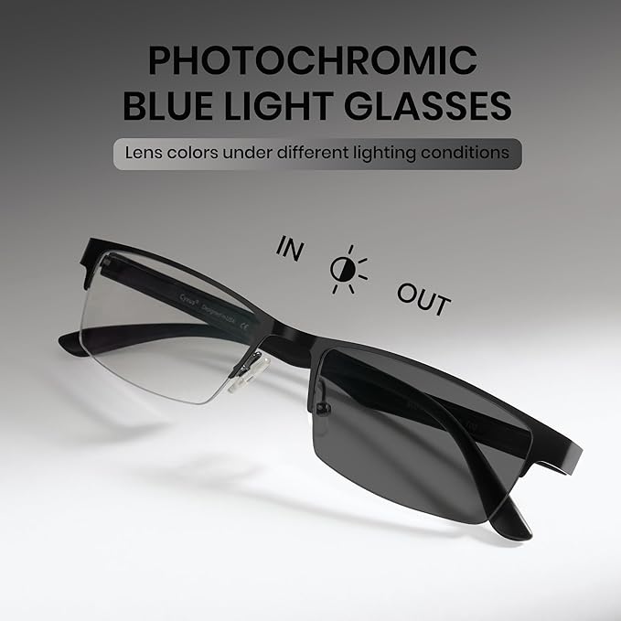 Cyxus Blue Light Blocking Glasses Men Woman Photochromic Semi Rim Computer Gaming Office Study Eyeglasses UV Protection 8001