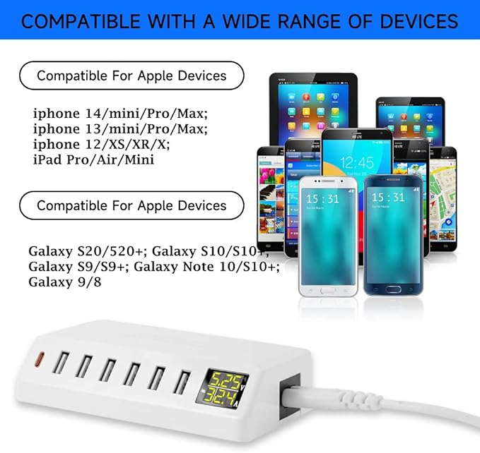 USB Charging Station, 60W/12A 7-Port USB Charger Station with LED Display for Multiple Devices PD20W USB C Charger for All iPad iPhone14/13/12 Pixel Galaxy Tablet Headphones and More (White)