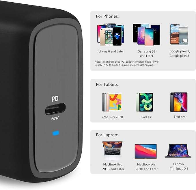 Amazon Basics 65W One-Port GaN USB-C Wall Charger with Power Delivery PD 3.0, Foldable Plug, Portable, Fast Charging for Laptops, Tablets & Phones, Black