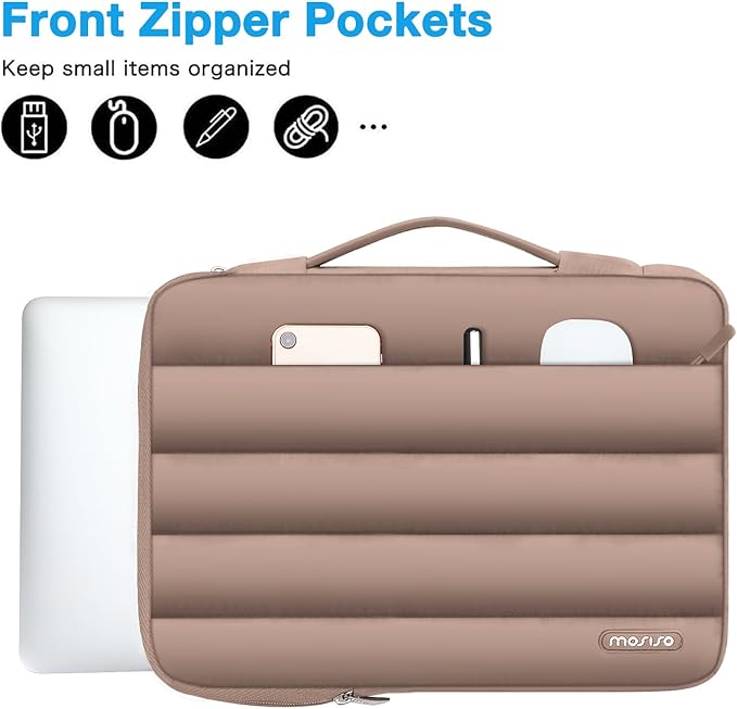 MOSISO 360 Protective 13-14 inch Laptop Case, 13.3 inch Puffy Laptop Sleeve Compatible with MacBook Air 13 13.6 M3 M2 M1/Pro 13/14, HP, Dell, ASUS, Lenovo,Polyester Horizontal Side Open Bag, Brown