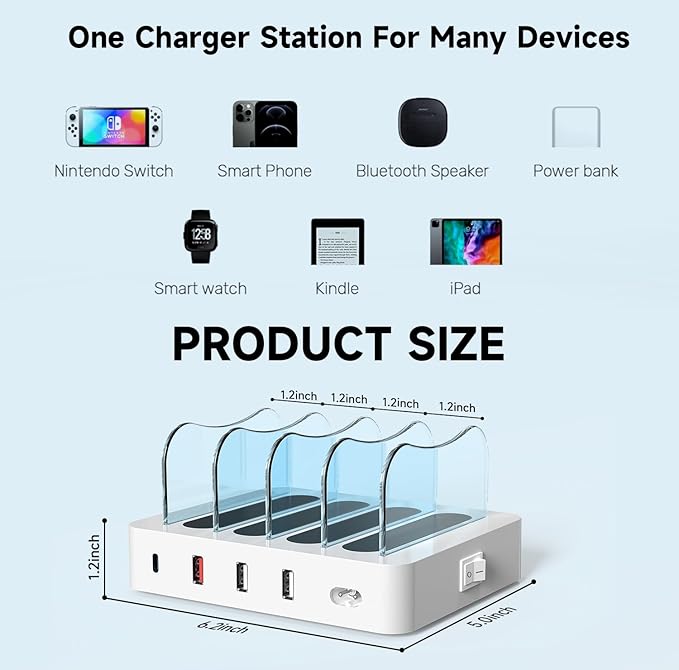 Charging Station for Multiple Devices - 4-Port 20W PD USB-C Charger for iPhone iPad Smartphones Tablets(White)