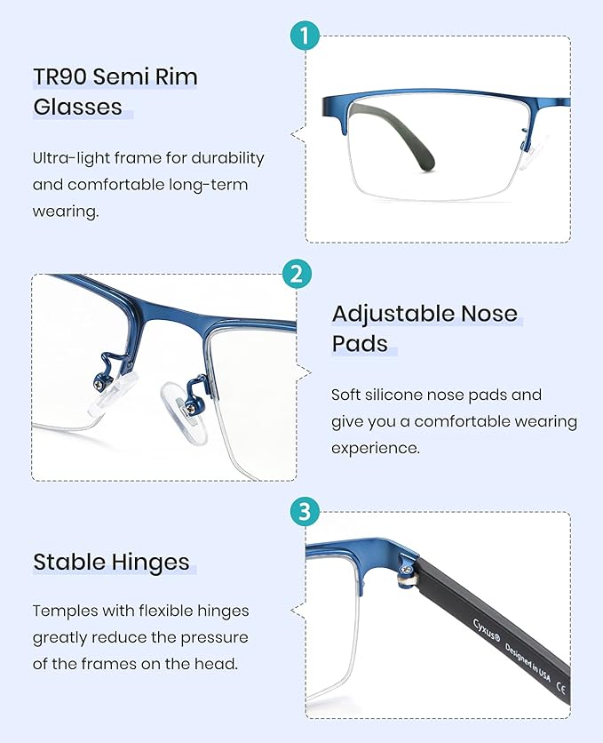 Cyxus Blue Light Blocking Glasses for Men Woman Semi Rim Computer Gaming Office Study Eyeglasses with UV Protection 8001