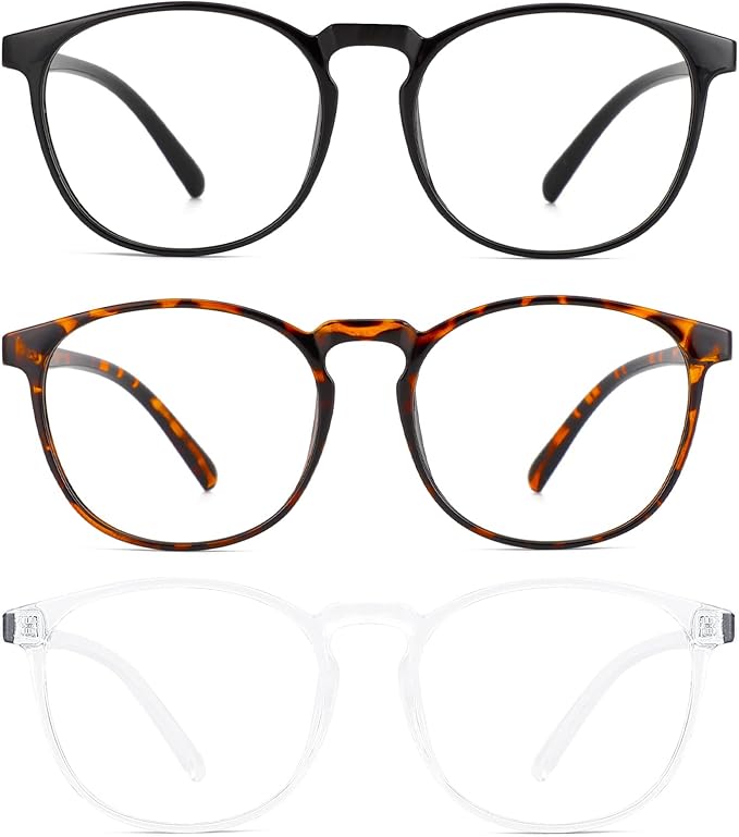 Przene 3 Pack Blue Light Blocking Glasses Women/Men,Retro Round Computer Glasses Anti Eye Strain/UV/Glare, Gaming Glasses. (Black/Crystal/Amber)