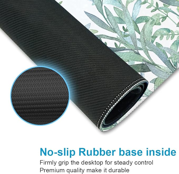 XXL Waterproof Office Desk Pad Protector 35.4x15.7 Inch - Extended Gaming Mouse Pad with Non-Slip Rubber Base, Thickened Keyboard Mat, Stitched Edges & Green Plants Design