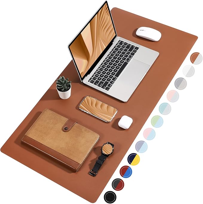 TOWWI Dual Sided Desk Pad, Large Desk Mat, Waterproof Desk Blotter Protector Mouse Pad, Leather Desk Pad Large for Keyboard and Mouse (36" x 17", Brown/Gray)