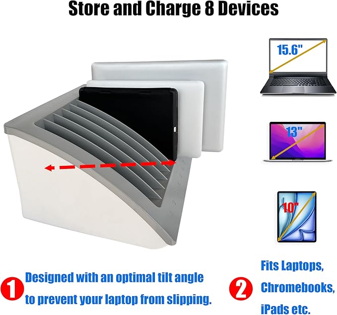 8-Device Laptop & Tablet Charging Station – Classroom & Office Organizer with Circuit Breaker & Cable Management – Fits Laptops, Chromebooks & Tablets Up to 15.6'' & 1.375'' Thick