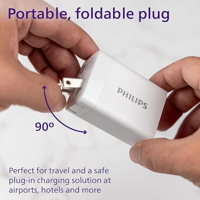 Philips iPhone Charger Fast Charging, 65W USB C Charger, 3-Port GaN USB C Charger Block with USB A and USB C, Foldable Fast Wall Charger for iPhone 16 Series, 15 Series, iPad Pro, White, DLP3653W/37