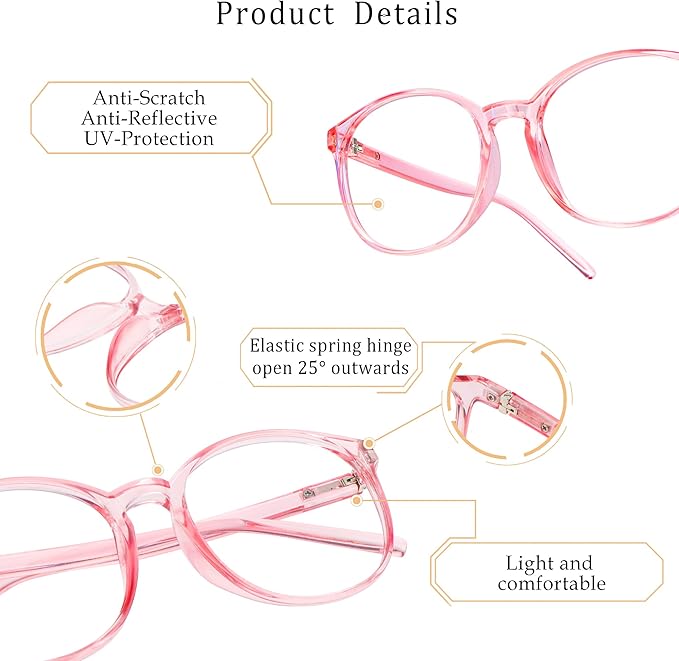 LifeArt Round Blue Light Blocking Glasses, Computer Glasses, Gaming Glasses, TV Glasses for Women Men (Clear Pink, 4.25 Magnification)