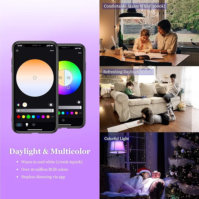 Smart Light Bulb, WiFi & Bluetooth 5.0, Works with Alexa Google Assistant, App Control, Color Changing LED Bulb,E26 800LM Dimmable RGB Lights, Smart Home Lighting, Dimmable, 1Pack