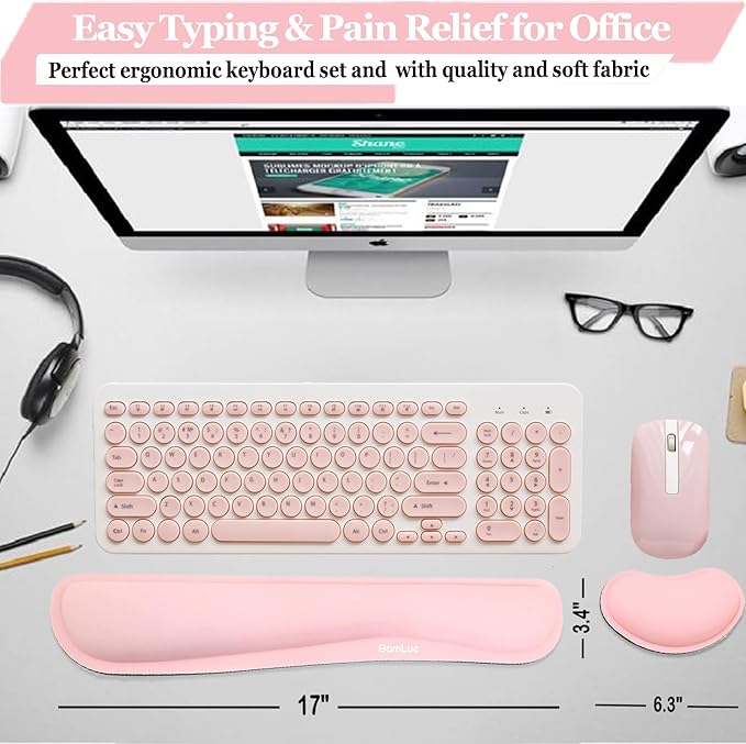 BamLue Upgrade Silky and Superfine Fabric Keyboard Wrist Rest, Gel Mouse Wrist Pillow Pad Set for Easy Typing & Pain Relief for Laptop, Office & Home, Ergonomic Sets for Keyboard-Pink