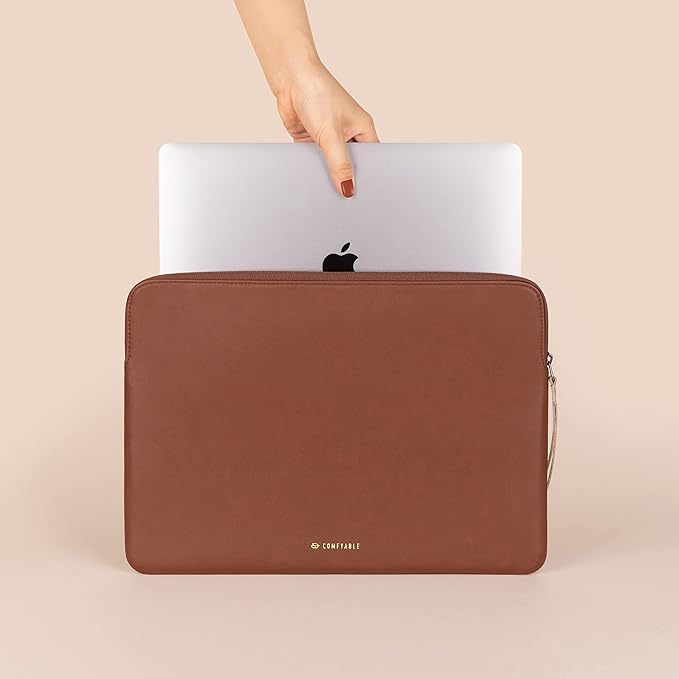 Comfyable Slim Protective Laptop Sleeve, PU Leather Bag Compatible with 15" MacBook Air (Snug Fit) M5 & 14" MacBook Pro M5 Pro/Max 2026 (Loose Fit), Brown