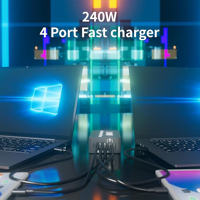 240W USB C Charger Block, 4 Port USB Fast Charging Station 100W Laptop Power Adapter for MacBook, Laptop, Tablet, iPad, iPhone, Cell Phone Multiple Devices Charging Station, Type C Charger