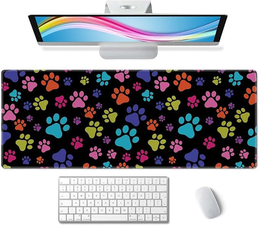 XL Gaming Desk Mat - Extended Big Cute Dog Paws Mouse Pad - Waterproof, Non-Slip Base, Stitched Edges - 31.5x11.8 in