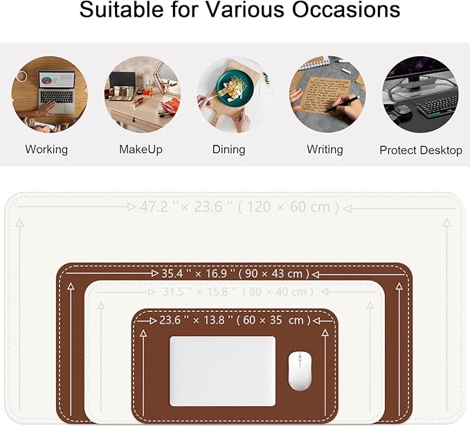 Bleswin Multifunctional Large Desk Mat, Double Sided Computer Desk pad, Extended Mouse Mat, Office Desk Protector with Waterproof PU Leather, 35.4''×16.9'', Office Home Writing Pad (White+Brown)
