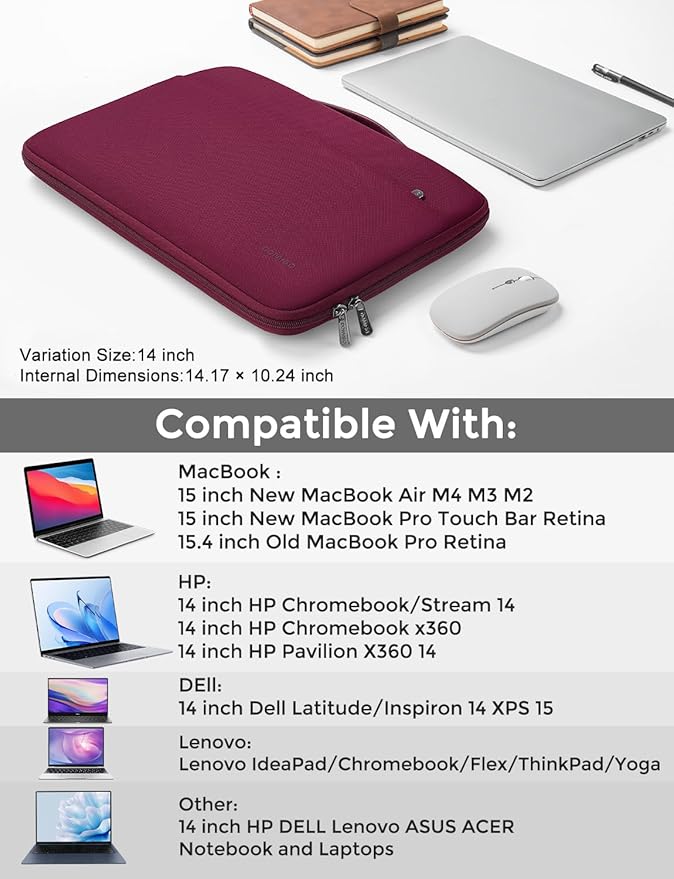 DOMISO 14 inch Laptop Case Sleeve Protective Cover Compatible with 15 inch MacBook Air M4 M3 M2,MacBook Pro,14-15 inch HP Dell ASUS Lenovo Chromebook,Waterproof Computer Cases Bag with Handle,Wine