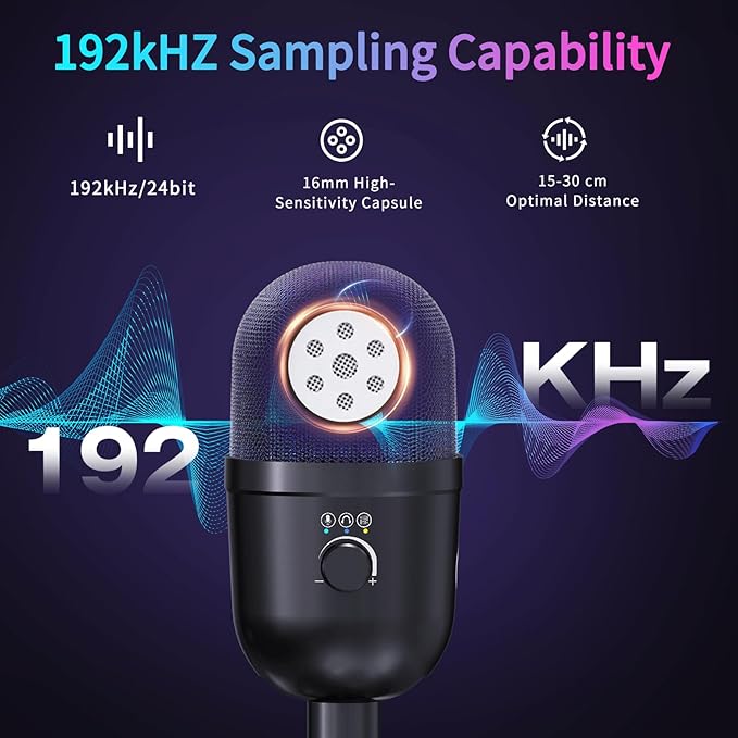 USB Gaming Condenser Microphone for PC/Desktop,192kHz/24Bit,Noise Cancellation,Monitoring,Quick Mute & RGB Lighting,USB PC Mic for Laptop,Podcast,Streaming,Recording Black