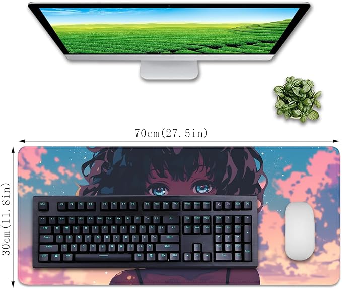 Anime Black Girl Extended Mouse Pad Desk Mats on Top of Desks Gaming Pad Large Mousepad with Stitched Edge Non-Slip Rubber Base for Computer Keyboard Laptop PC (27.5X11.8 in)