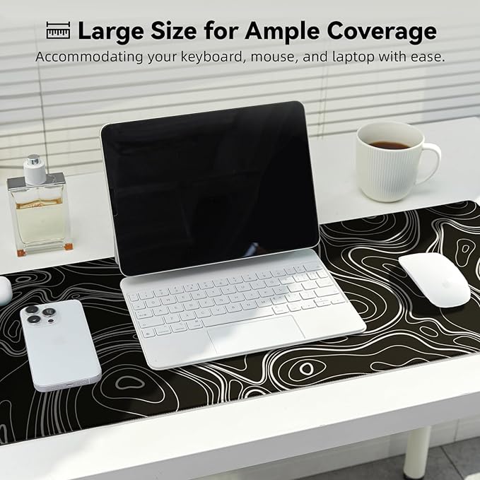 Waterproof Large Gaming Mouse Pad with Durable Stitched Edges, Non-Slip Rubber Base, Grainy Jacquard Mouse Mat Desk Pad for Home Office Gaming, 31.5''x11.8''x0.12'', Topographic Map White