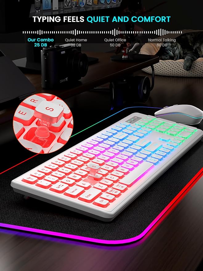 SABLUTE Wireless Keyboard and Mouse Backlit, Quiet Light Up Keys, Tilt Legs, Sleep Mode - Rechargeable USB Cordless Combo for Computer, iMac, PC, Laptop (White)