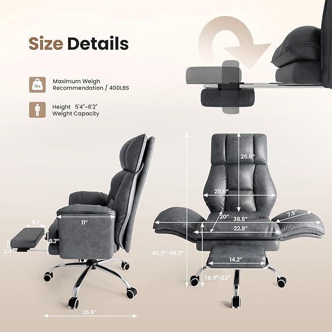 Big and Tall Office Chair, Flip Armrests for Pets & Cross Legged Sitting, Executive Ergonomic Computer Gaming Chair with Foot Rest, Crystal Velvet Wide Seat Reclining Desk Chair