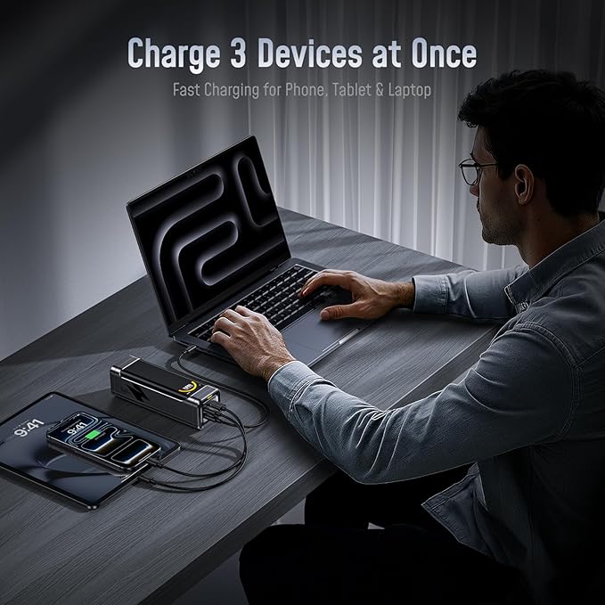 AOHI 170W Laptop Power Bank 25200mAh Portable Fast Charger (90.72wh), Airline-Compliant, 100W PD 3.0 Large Battery Pack The Black Warrior for MacBook, iPad,iPhone 17 Pro Max,Galaxy,Steam Deck, Grey