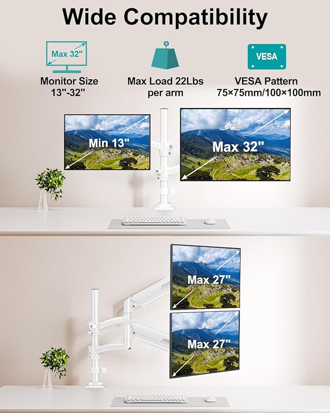 Dual Monitor Stand for 2 Screens up to 32 inch, Vertical Stacked Dual Monitor Mount, Full Motion Adjustable Tall Double Monitor Desk Mount, Each Arm Holds 4.4-22lbs, VESA 75/100mm, White, Freelift