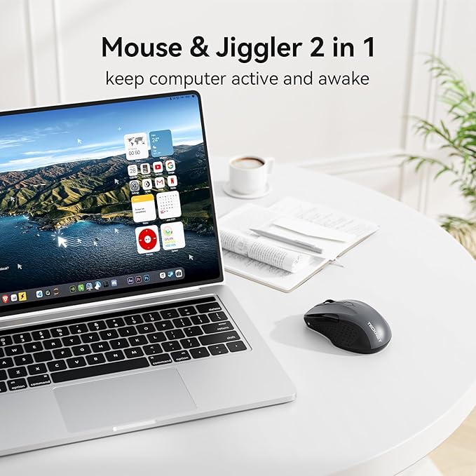 TECKNET Rechargeable Jiggler Wireless Mouse (BT5.0/3.0 & 2.4G) 4800 DPI Silent USB A & Bluetooth Mouse 6 Buttons, Wide Compatibility - Grey
